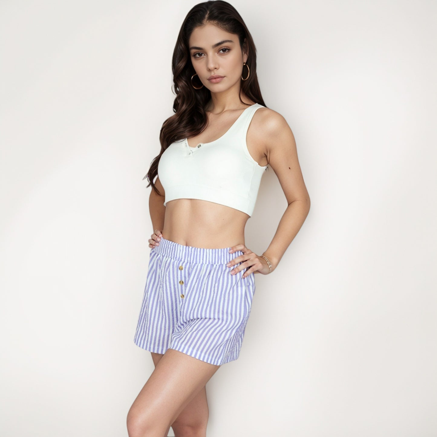 Anna-Kaci Women's Seersucker Stripe Lounge Shorts with Elastic Waistband and Decorative Button Front