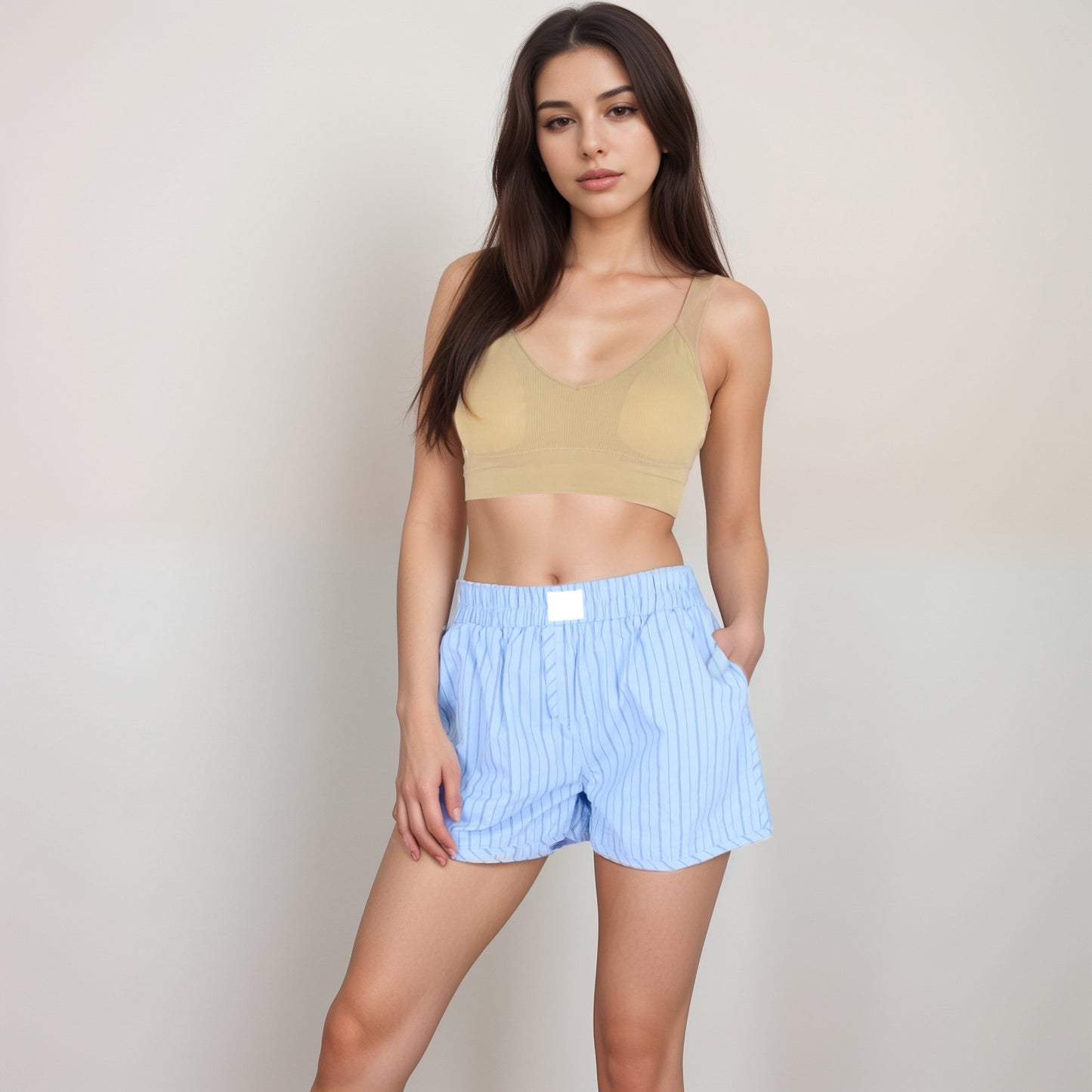 Anna-Kaci Women's Vertical Stripe Lounge Shorts with Elastic Waistband Faux Fly Front and Relaxed Fit Side Pockets