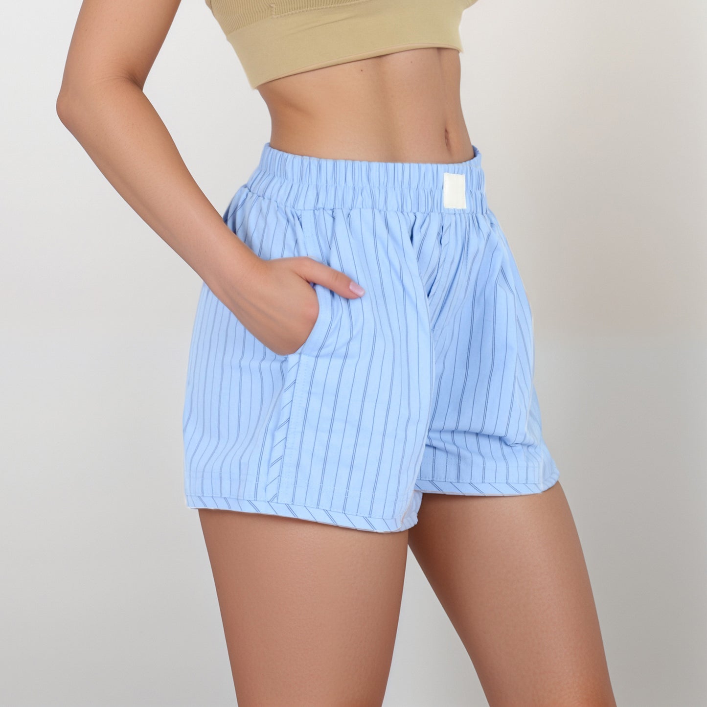 Anna-Kaci Women's Vertical Stripe Lounge Shorts with Elastic Waistband Faux Fly Front and Relaxed Fit Side Pockets