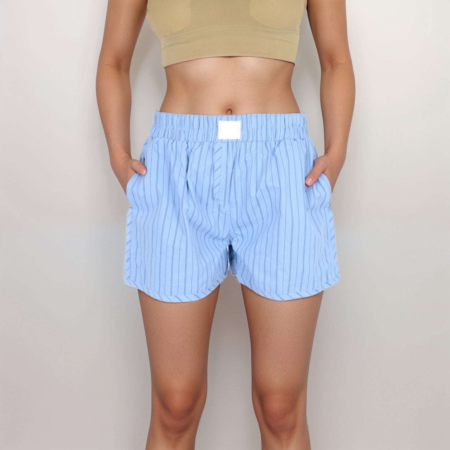 Anna-Kaci Women's Vertical Stripe Lounge Shorts with Elastic Waistband Faux Fly Front and Relaxed Fit Side Pockets