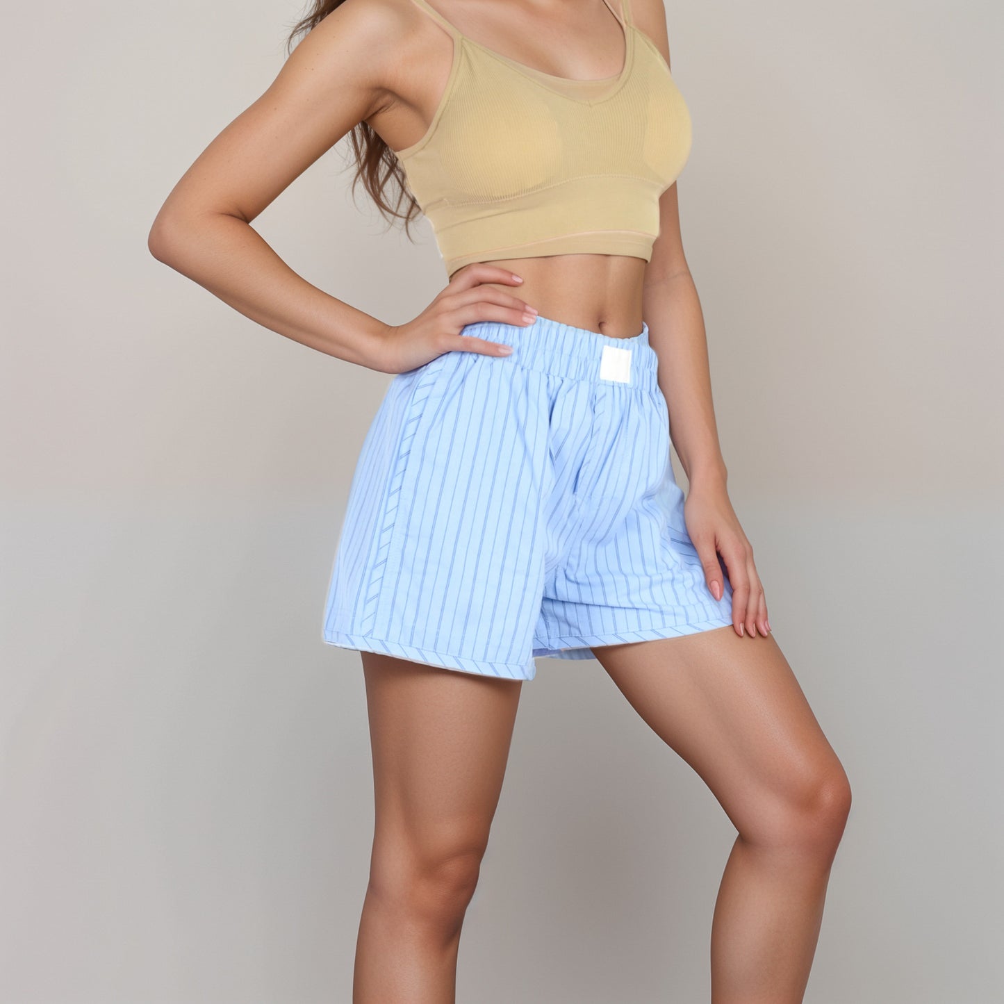 Anna-Kaci Women's Vertical Stripe Lounge Shorts with Elastic Waistband Faux Fly Front and Relaxed Fit Side Pockets