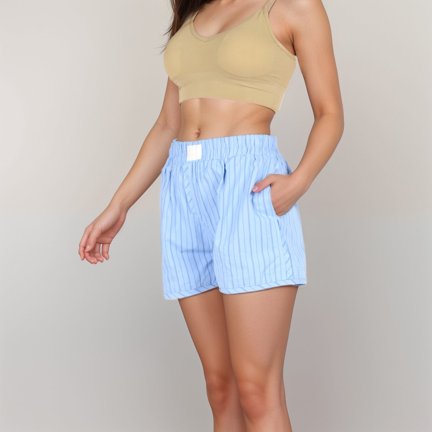 Anna-Kaci Women's Vertical Stripe Lounge Shorts with Elastic Waistband Faux Fly Front and Relaxed Fit Side Pockets