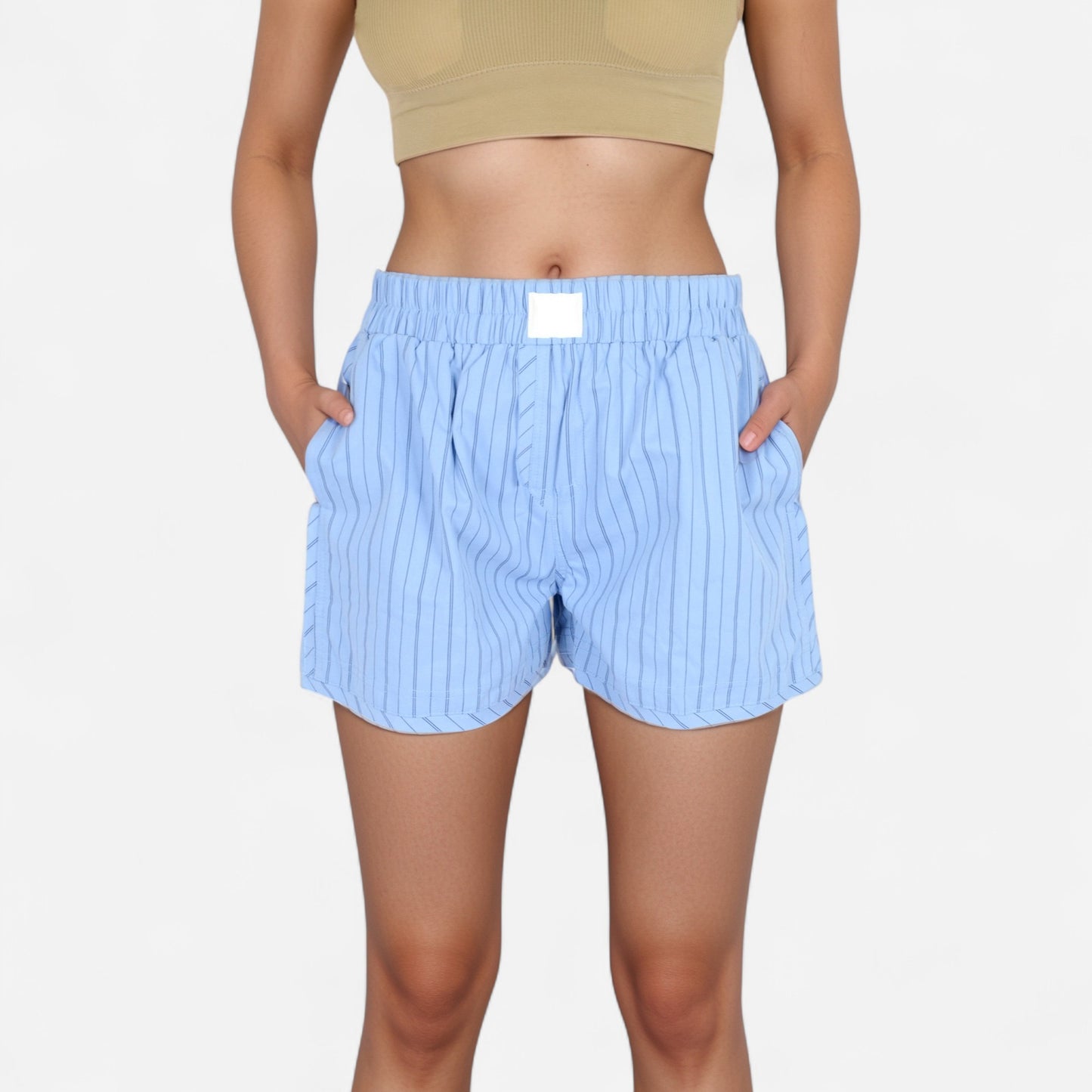 Anna-Kaci Women's Vertical Stripe Lounge Shorts with Elastic Waistband Faux Fly Front and Relaxed Fit Side Pockets