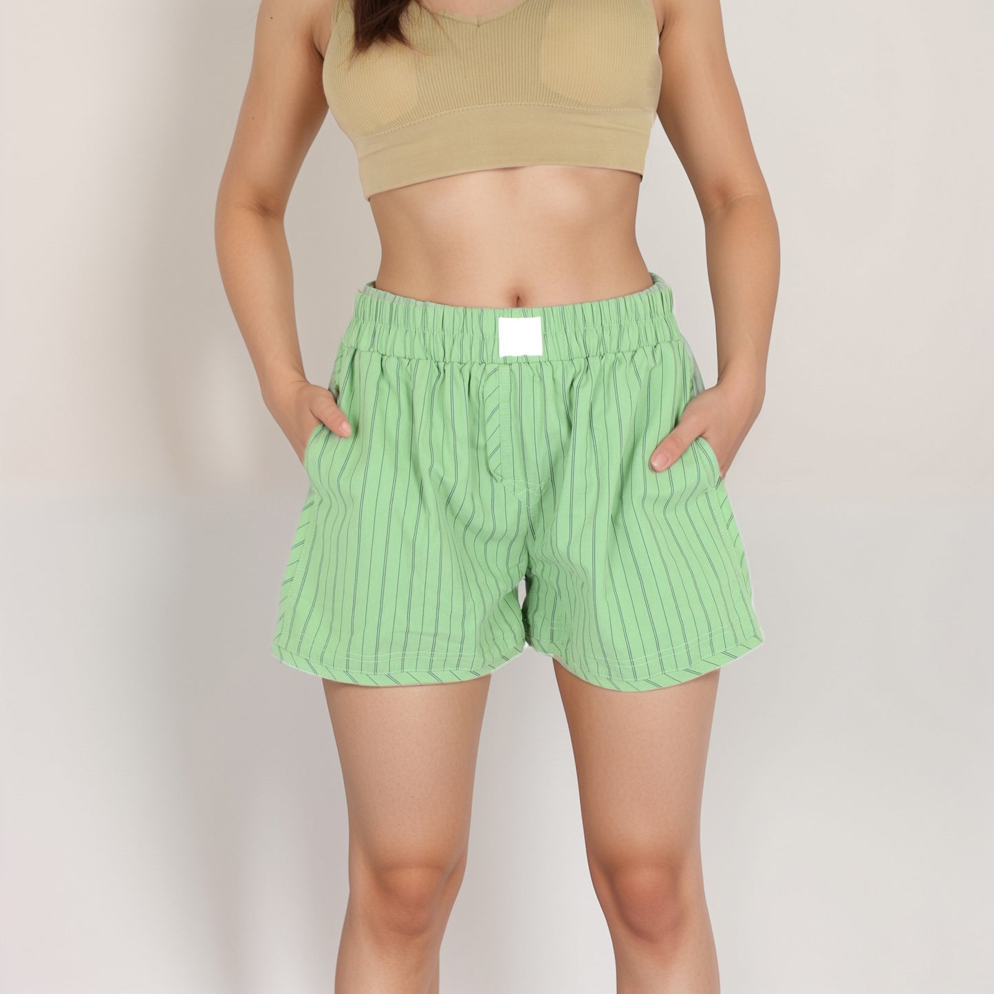 Anna-Kaci Women's Vertical Stripe Lounge Shorts with Elastic Waistband Faux Fly Front and Relaxed Fit Side Pockets