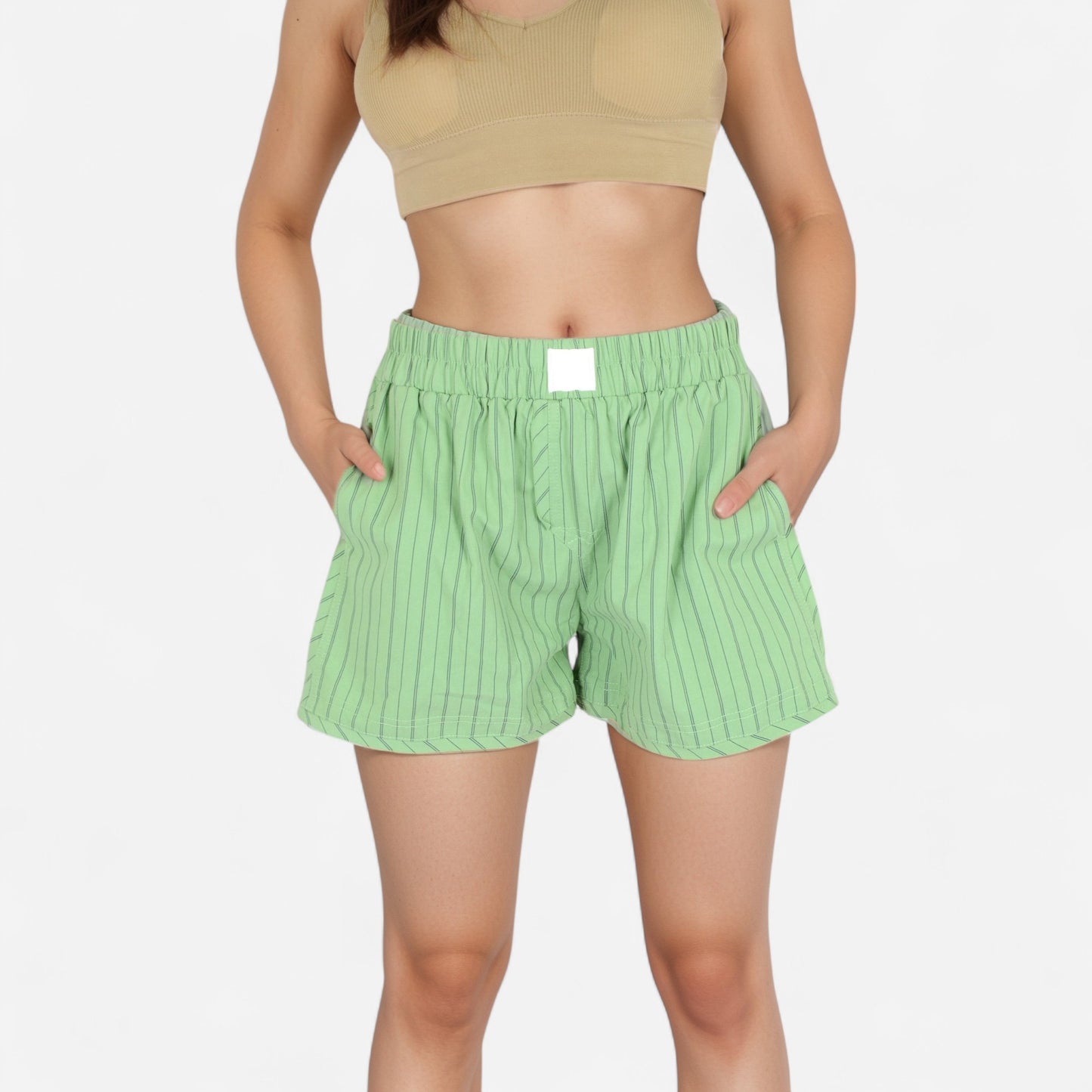 Anna-Kaci Women's Vertical Stripe Lounge Shorts with Elastic Waistband Faux Fly Front and Relaxed Fit Side Pockets