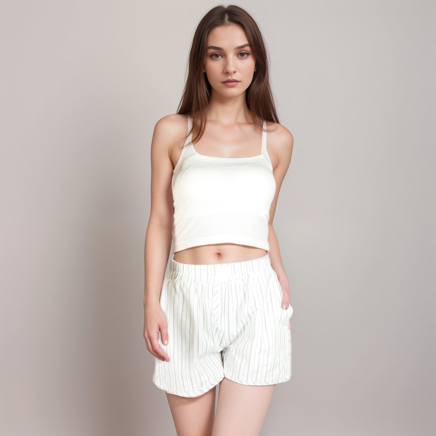 Anna-Kaci Women's Vertical Stripe Lounge Shorts with Elastic Waistband Faux Fly Front and Relaxed Fit Side Pockets