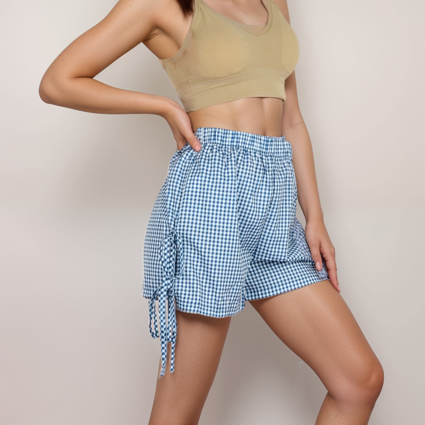 Anna-Kaci Women's Gingham Lounge Shorts with Elastic Waistband Adjustable Side Tie Details and Relaxed Casual Fit
