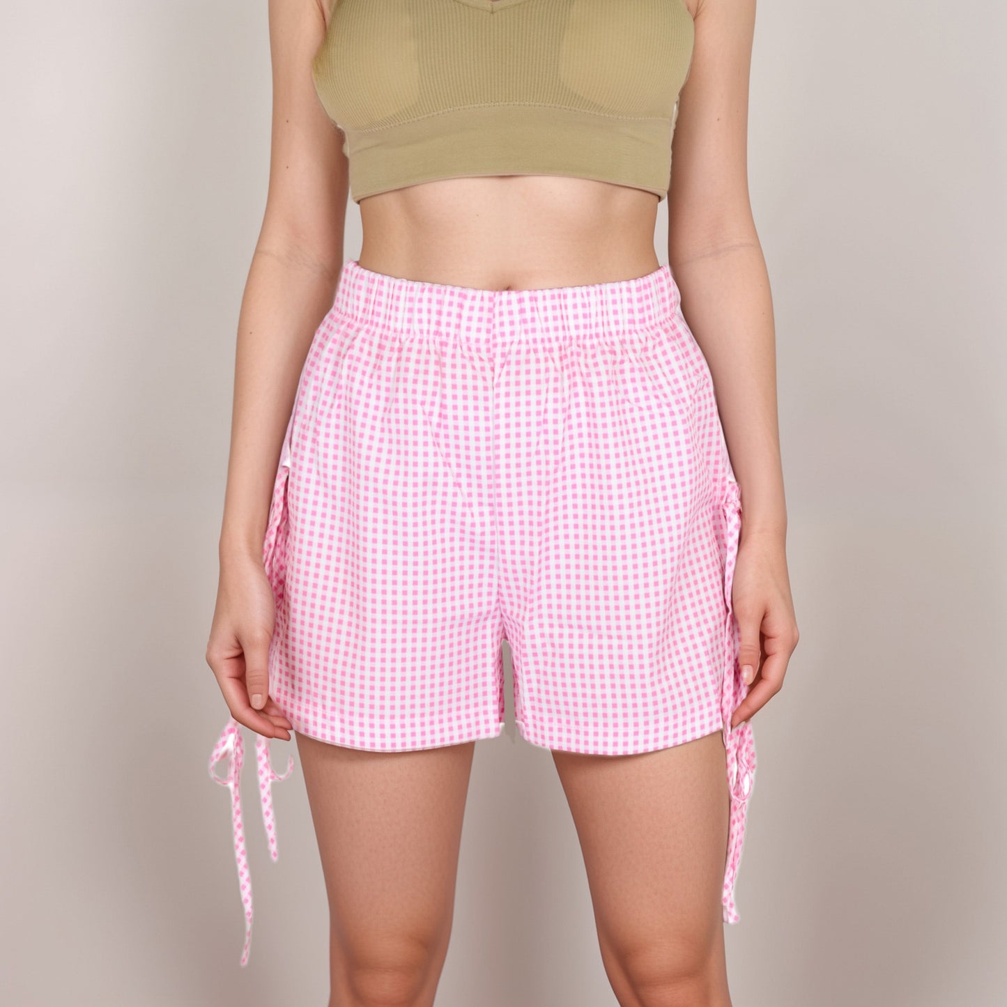Anna-Kaci Women's Gingham Lounge Shorts with Elastic Waistband Adjustable Side Tie Details and Relaxed Casual Fit