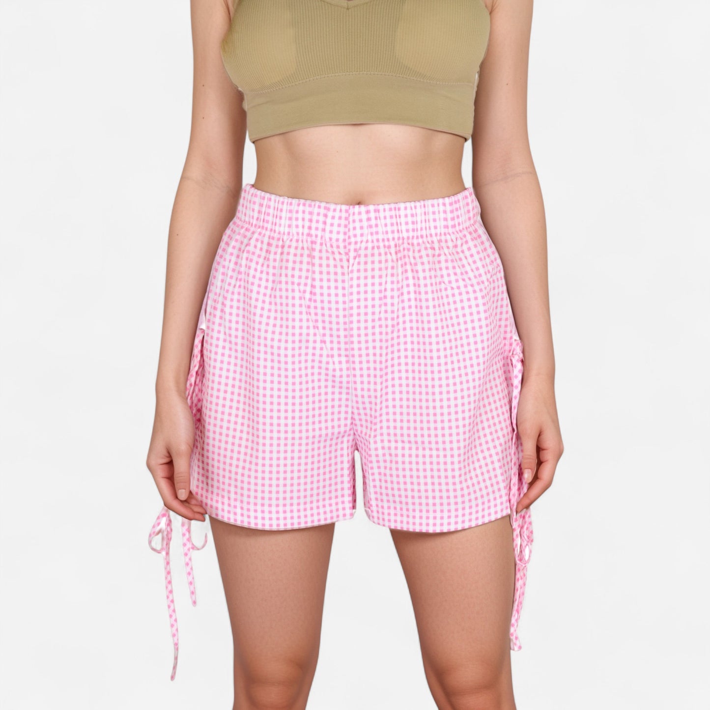 Anna-Kaci Women's Gingham Lounge Shorts with Elastic Waistband Adjustable Side Tie Details and Relaxed Casual Fit