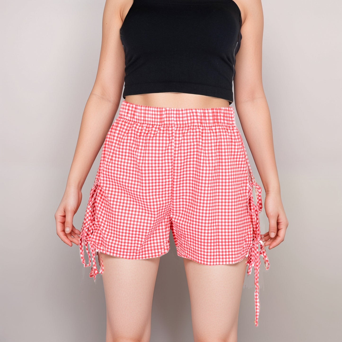 Anna-Kaci Women's Gingham Lounge Shorts with Elastic Waistband Adjustable Side Tie Details and Relaxed Casual Fit