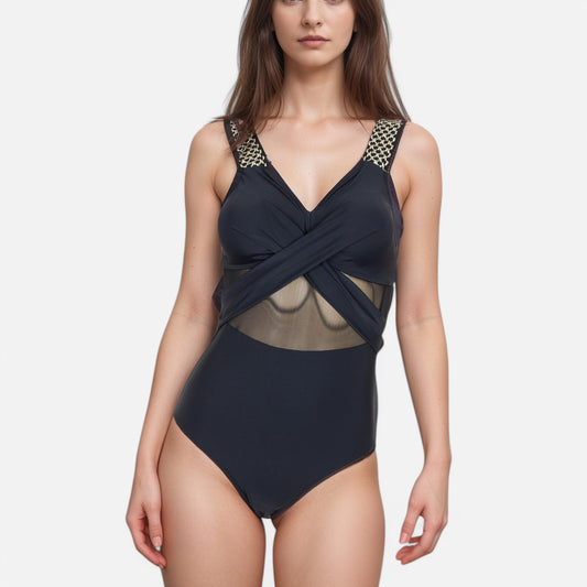 Anna-Kaci Swim Women's One Piece Swimsuit with Mesh Midsection Crisscross Front and Braided Detail Straps