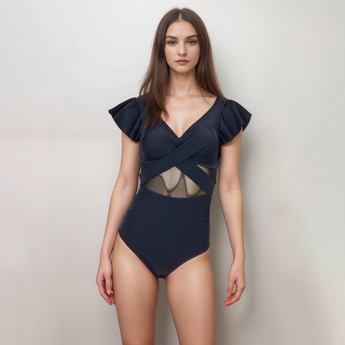 Anna-Kaci Swim Women's Flutter Sleeve One Piece Swimsuit with Crisscross Mesh Panel Detail and Deep V-Neckline