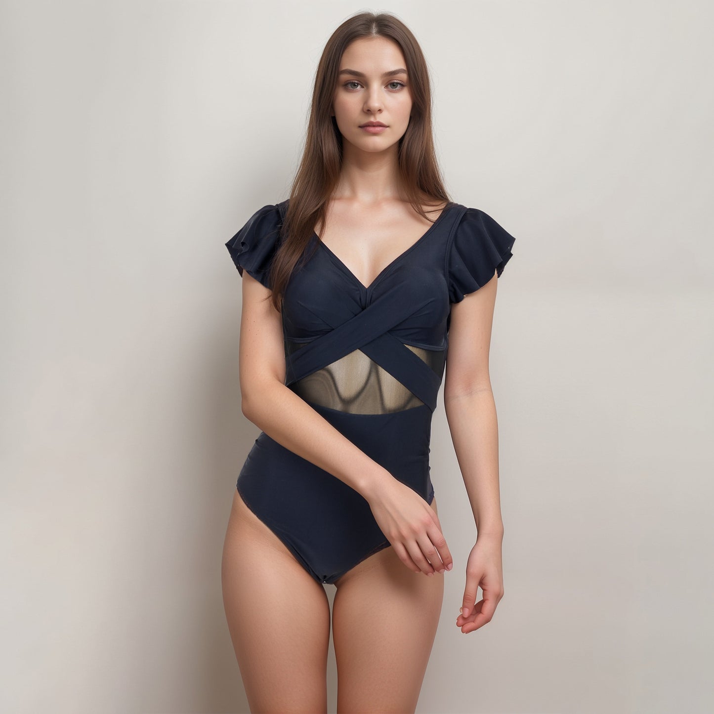 Anna-Kaci Swim Women's Flutter Sleeve One Piece Swimsuit with Crisscross Mesh Panel Detail and Deep V-Neckline