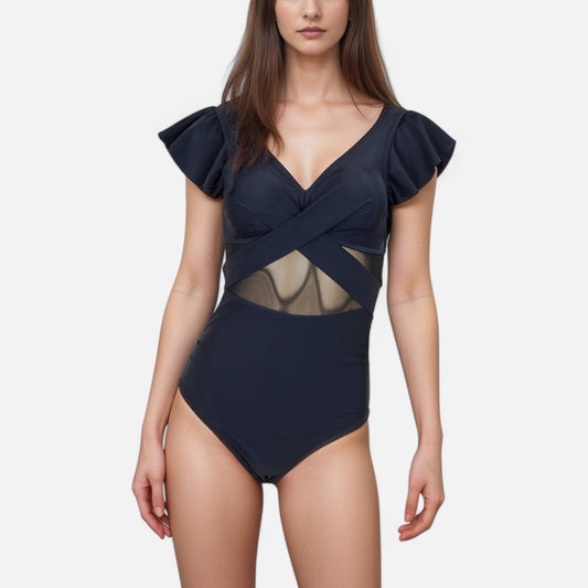 Anna-Kaci Swim Women's Flutter Sleeve One Piece Swimsuit with Crisscross Mesh Panel Detail and Deep V-Neckline