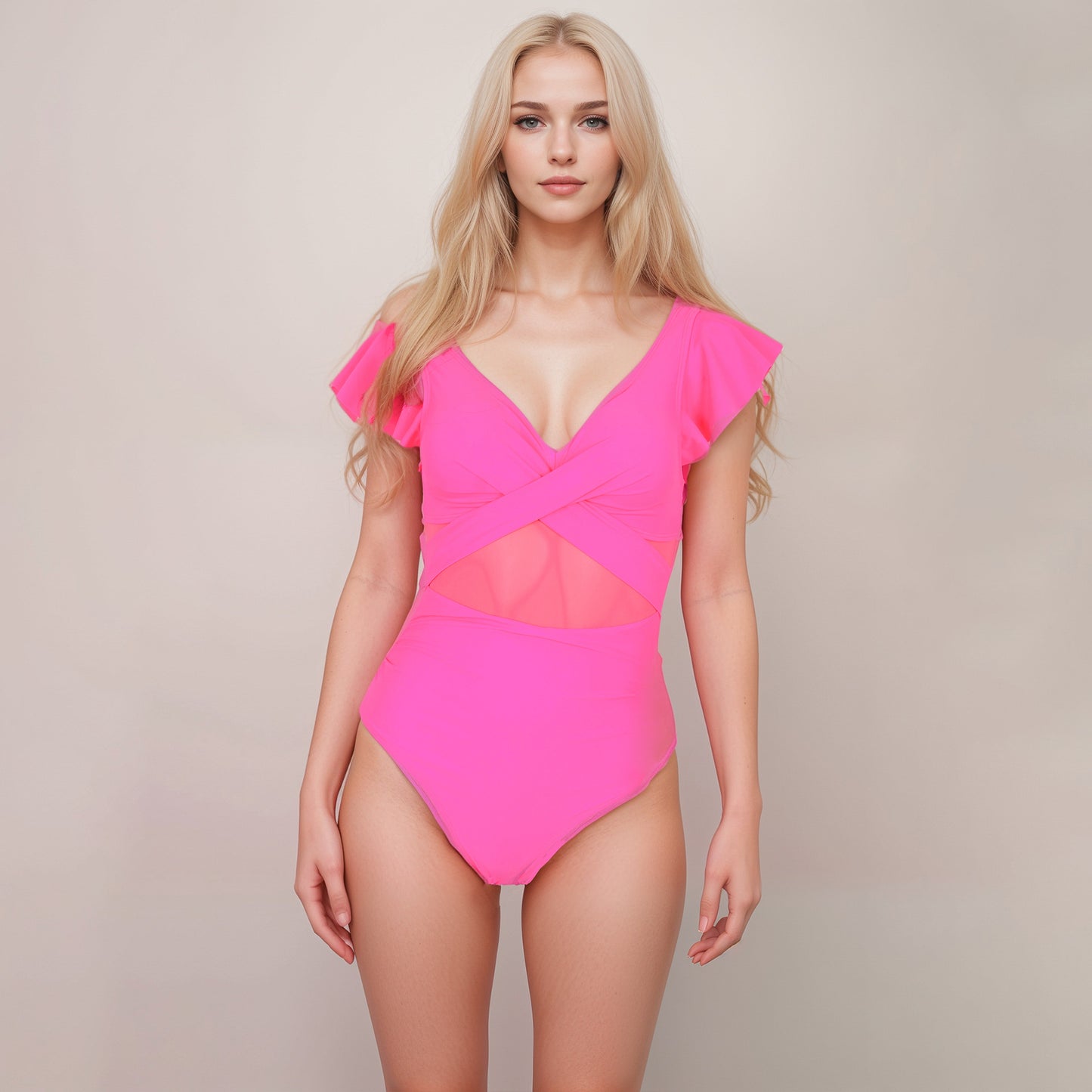 Anna-Kaci Swim Women's Flutter Sleeve One Piece Swimsuit with Crisscross Mesh Panel Detail and Deep V-Neckline