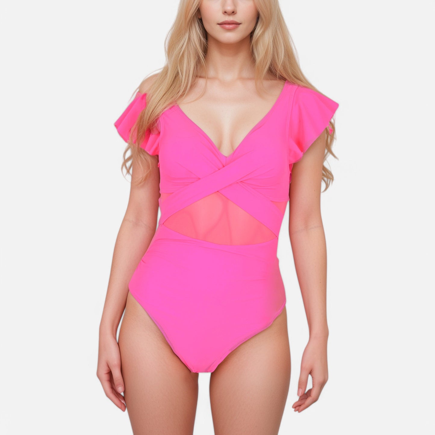Anna-Kaci Swim Women's Flutter Sleeve One Piece Swimsuit with Crisscross Mesh Panel Detail and Deep V-Neckline