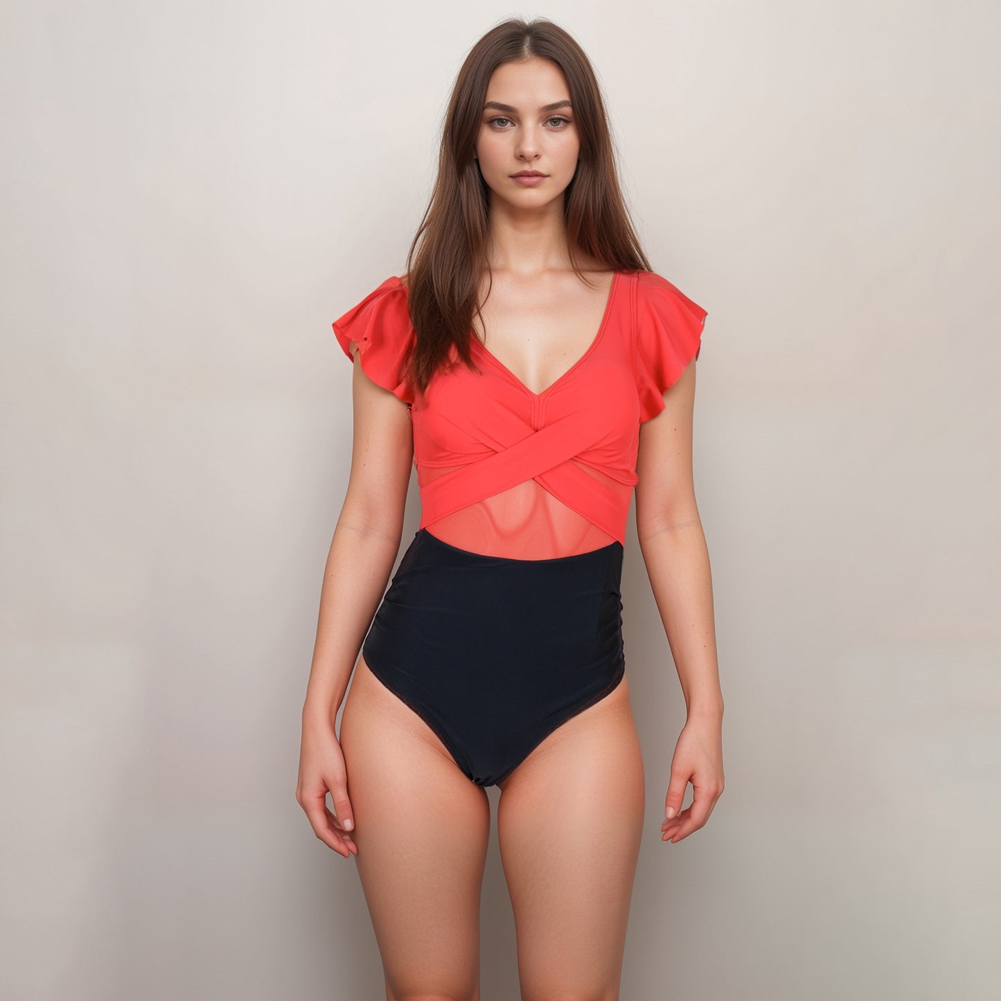 Anna-Kaci Swim Women's Flutter Sleeve One Piece Swimsuit with Crisscross Mesh Panel Detail and Deep V-Neckline