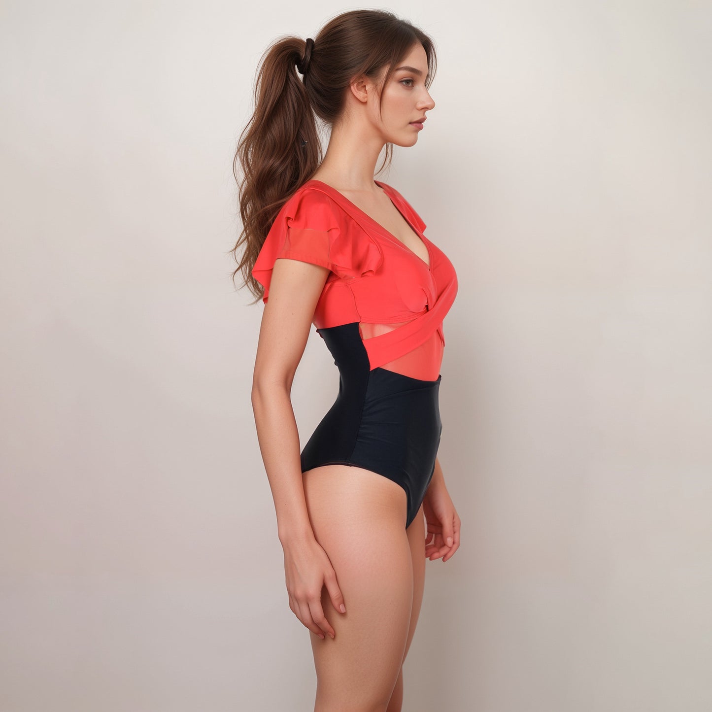 Anna-Kaci Swim Women's Flutter Sleeve One Piece Swimsuit with Crisscross Mesh Panel Detail and Deep V-Neckline