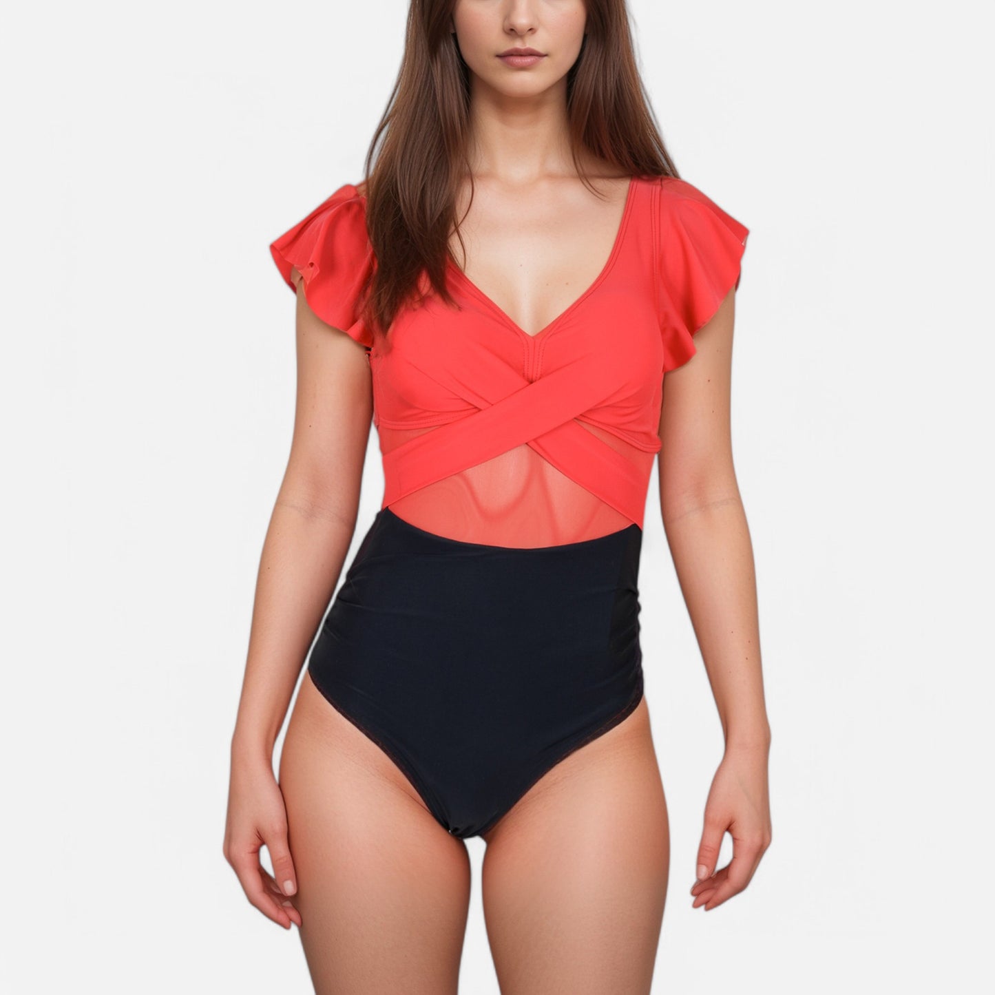 Anna-Kaci Swim Women's Flutter Sleeve One Piece Swimsuit with Crisscross Mesh Panel Detail and Deep V-Neckline