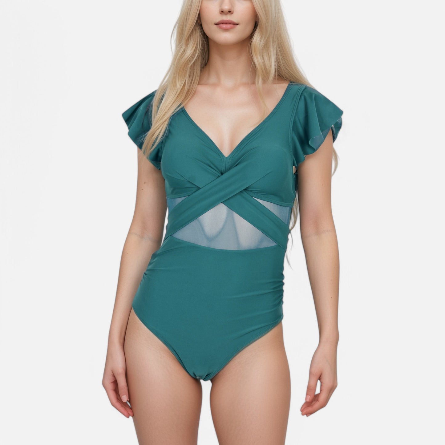 Anna-Kaci Swim Women's Flutter Sleeve One Piece Swimsuit with Crisscross Mesh Panel Detail and Deep V-Neckline