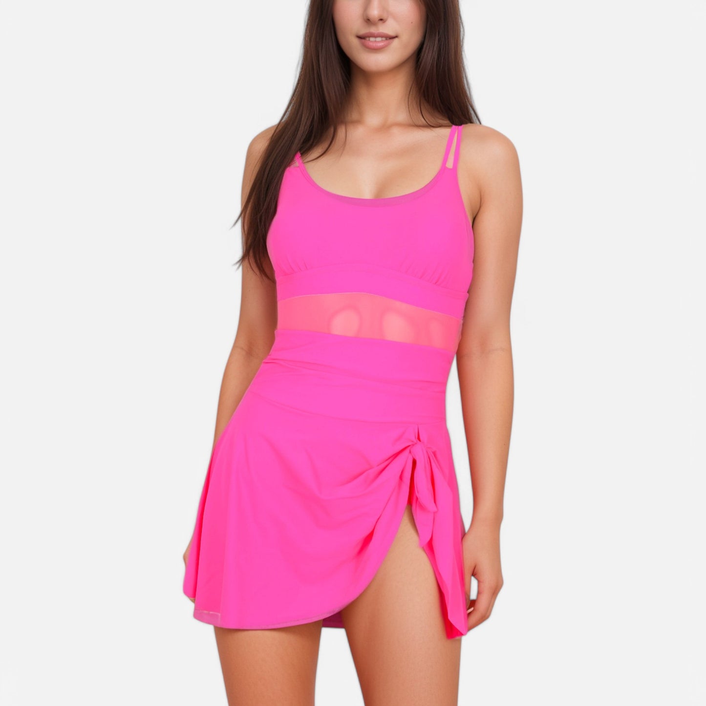 Anna-Kaci Swim Women's Mesh Panel One Piece Swimsuit with Adjustable Spaghetti Straps and Side Tie Swim Skirt
