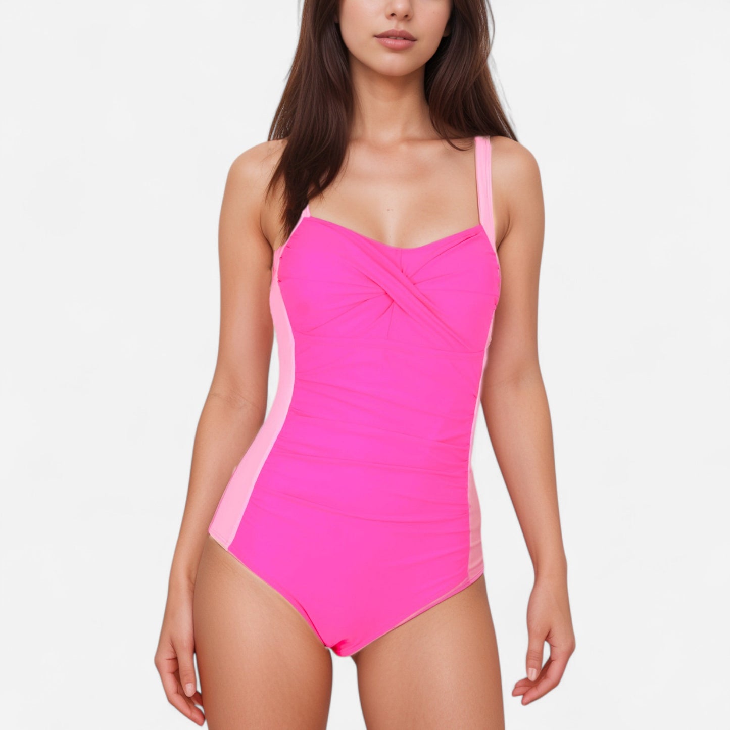 Anna-Kaci Women's Colorblock One Piece Swimsuit with Twist Front Detail Wide Shoulder Straps and Flattering Ruched Sides