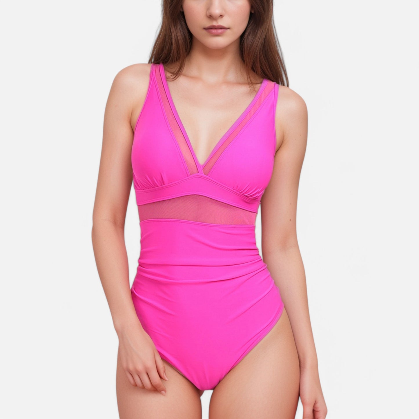 Anna-Kaci Swim Women's Deep V One Piece Swimsuit with Mesh Waist Panel and Ruched Tummy Control Design