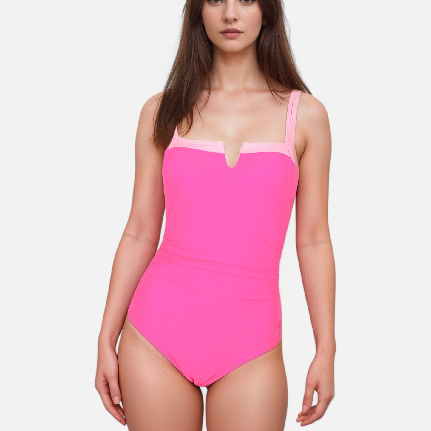 Anna-Kaci Swim Women's One Piece Swimsuit with White Trim Square Neckline and Ruched Waist Detail