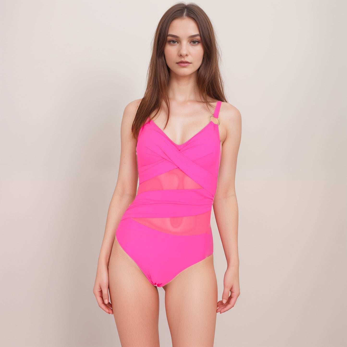 Anna-Kaci Women's Mesh Panel One Piece Swimsuit with Crossover Bust Detail Gold Ring Straps and Contouring Waist Wrap Design