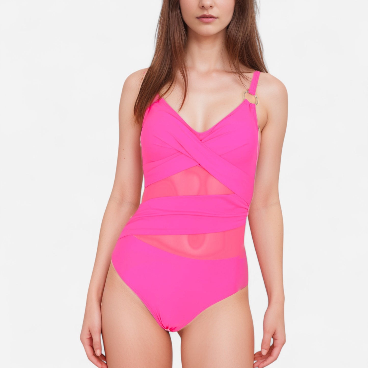 Anna-Kaci Women's Mesh Panel One Piece Swimsuit with Crossover Bust Detail Gold Ring Straps and Contouring Waist Wrap Design