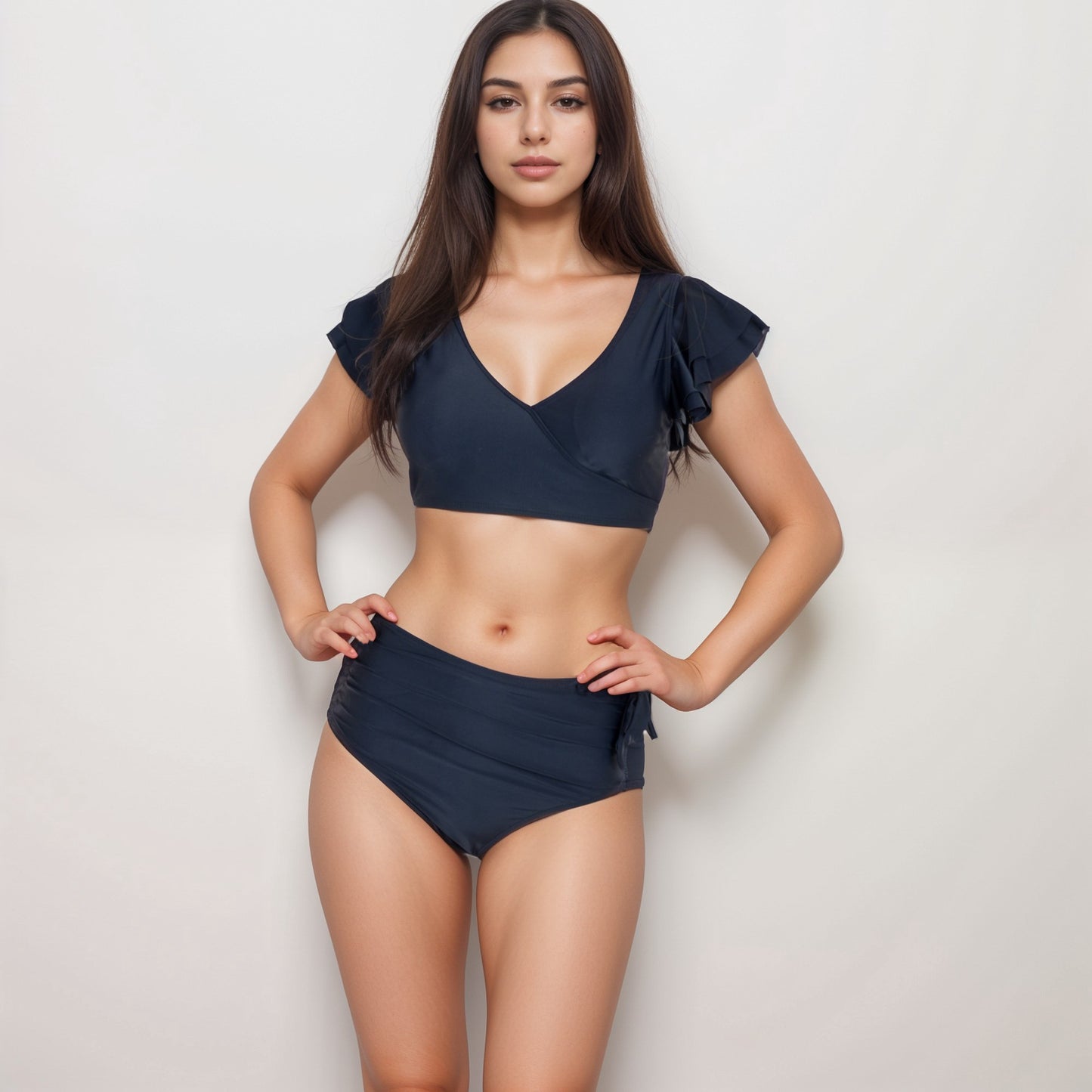 Anna-Kaci Swim Women's Two Piece Bikini Set with Flutter Sleeve Top and High Waist Ruched Bottoms
