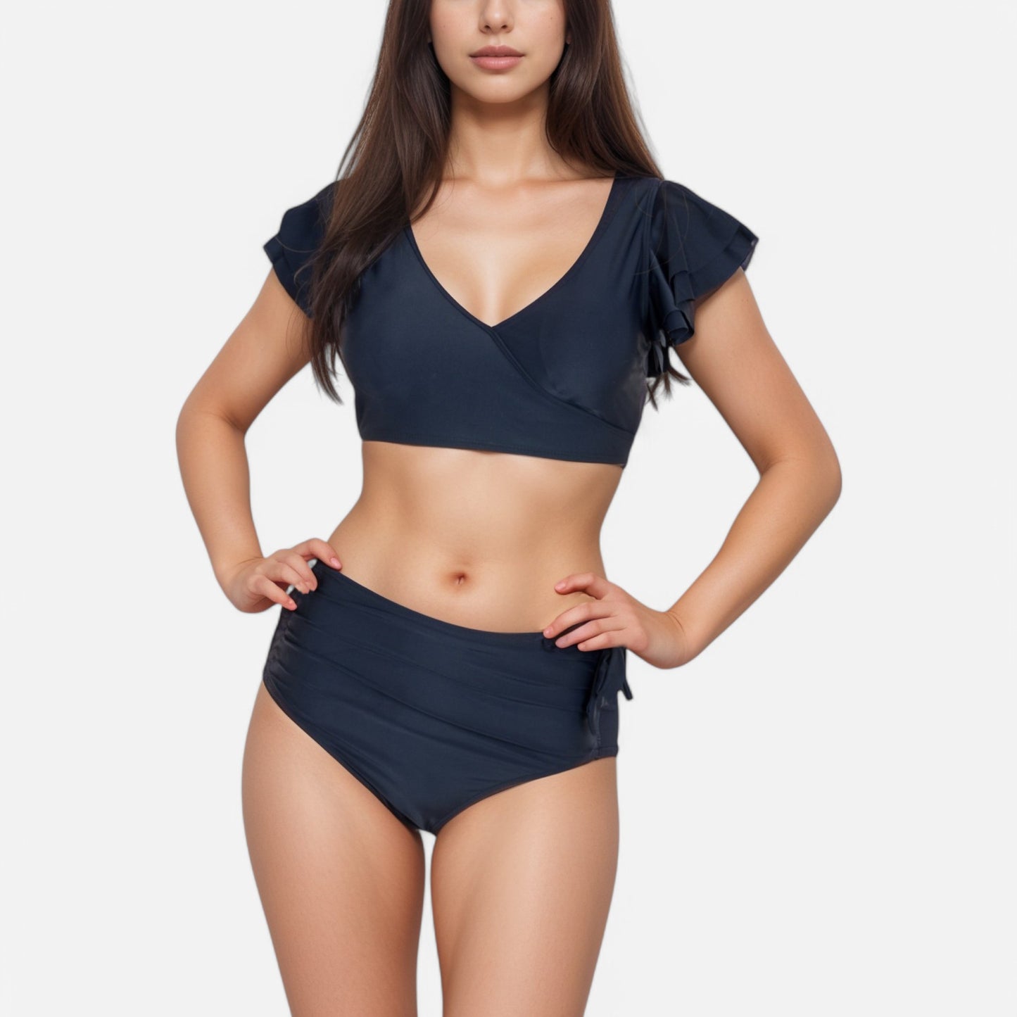 Anna-Kaci Swim Women's Two Piece Bikini Set with Flutter Sleeve Top and High Waist Ruched Bottoms