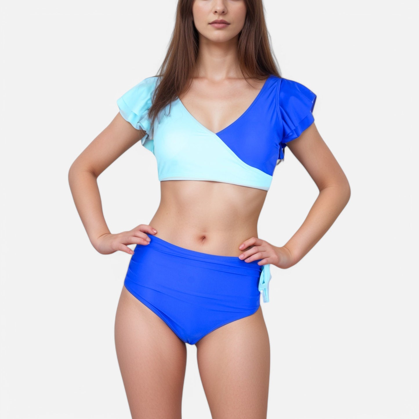 Anna-Kaci Swim Women's Two Piece Bikini Set with Flutter Sleeve Top and High Waist Ruched Bottoms