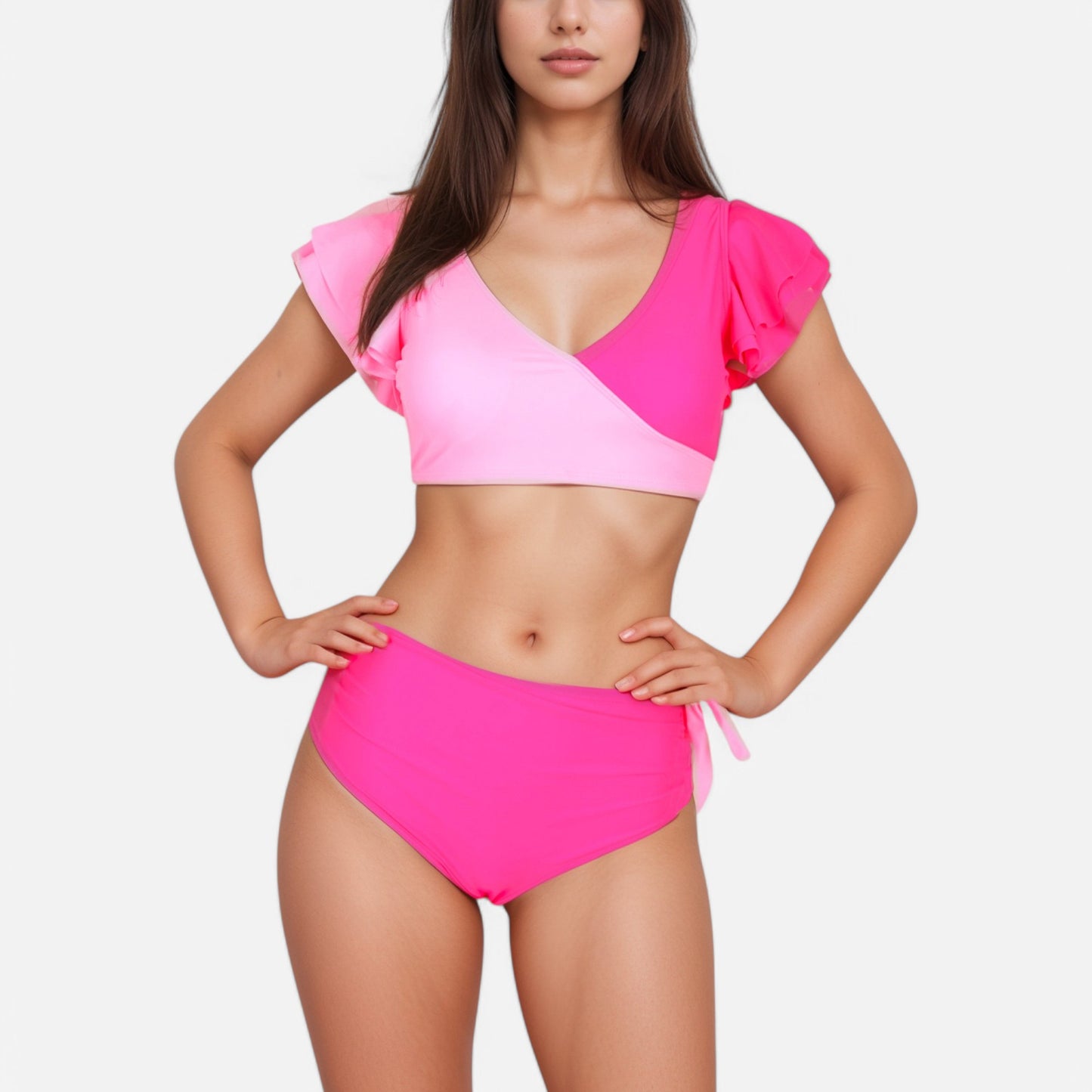 Anna-Kaci Swim Women's Two Piece Bikini Set with Flutter Sleeve Top and High Waist Ruched Bottoms