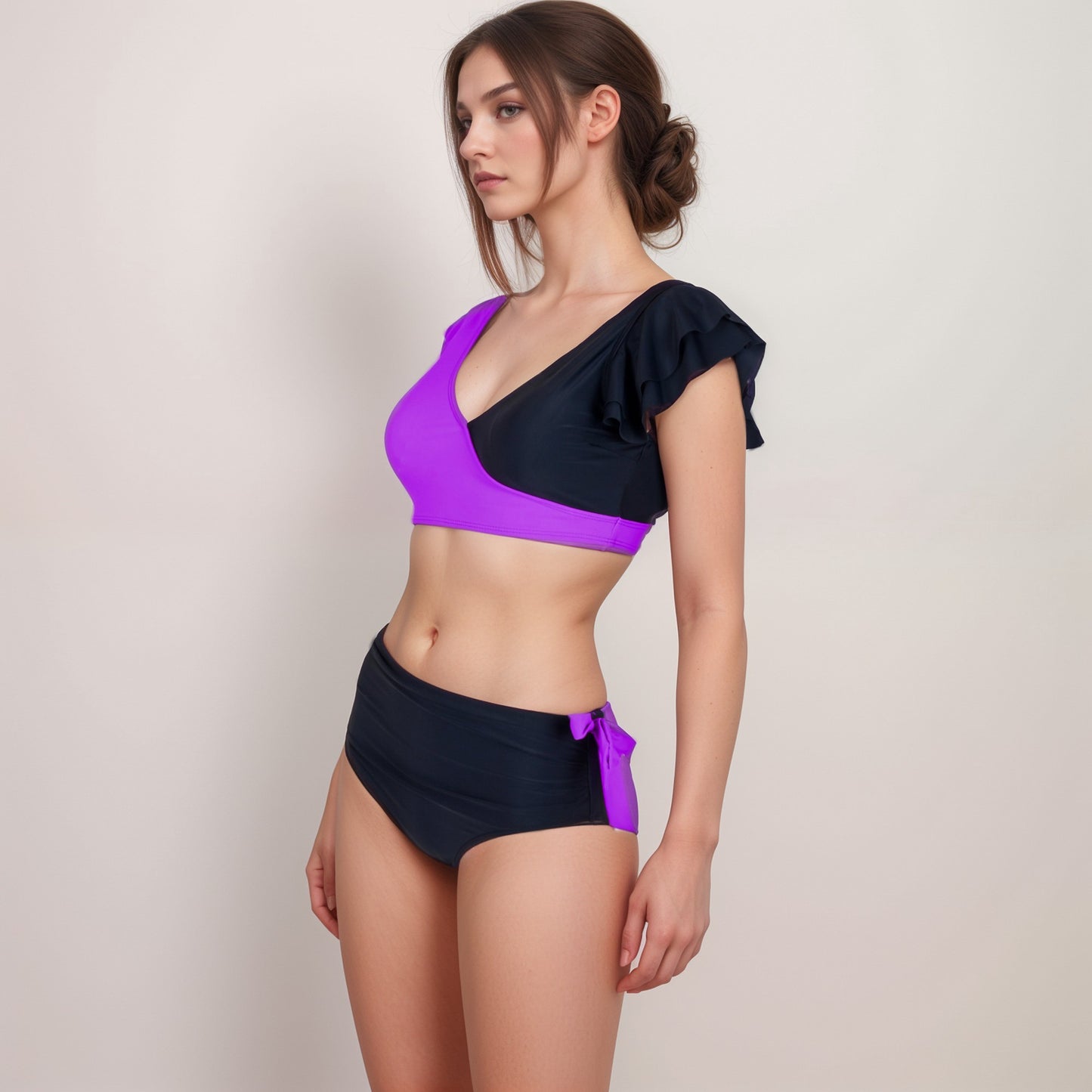 Anna-Kaci Swim Women's Two Piece Bikini Set with Flutter Sleeve Top and High Waist Ruched Bottoms