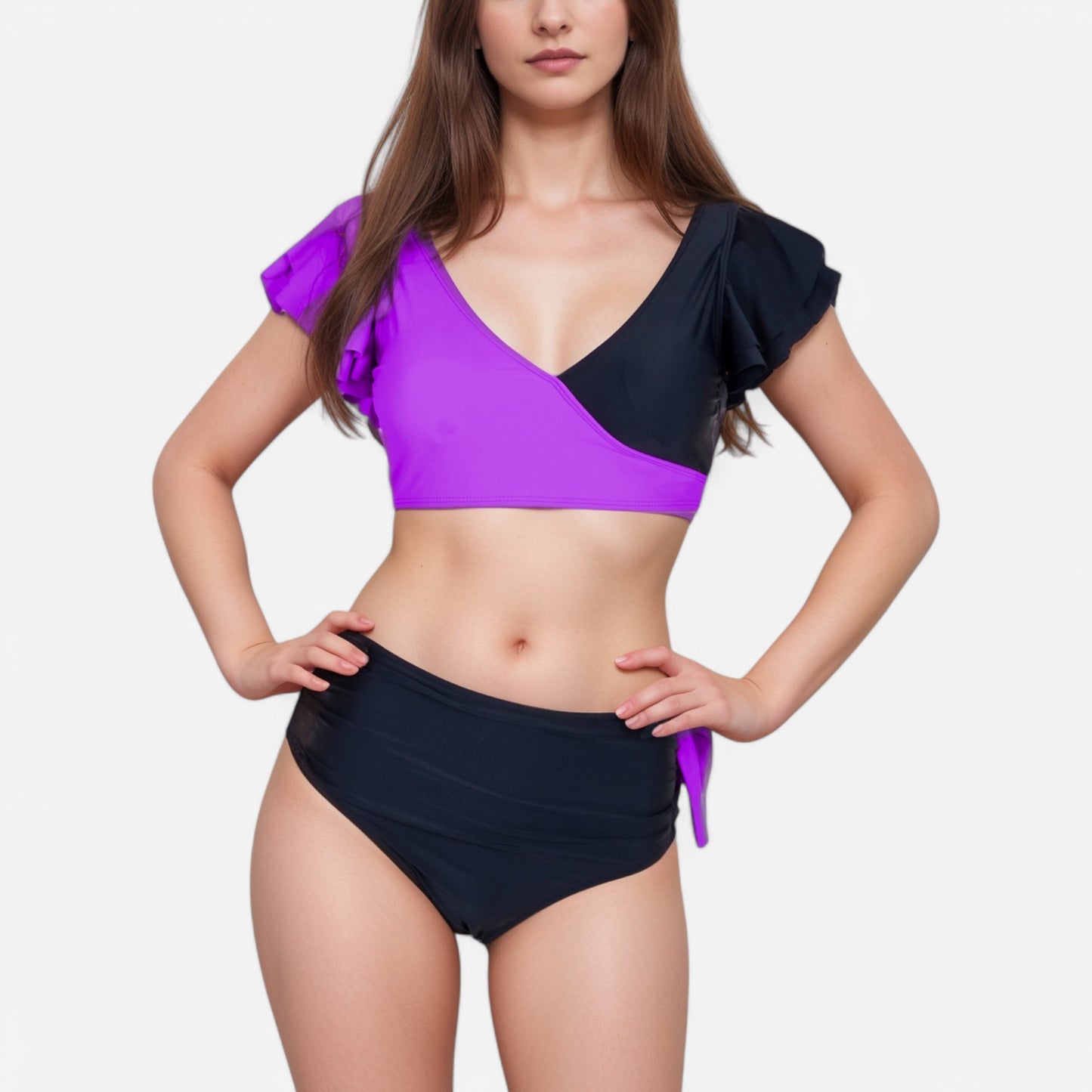 Anna-Kaci Swim Women's Two Piece Bikini Set with Flutter Sleeve Top and High Waist Ruched Bottoms