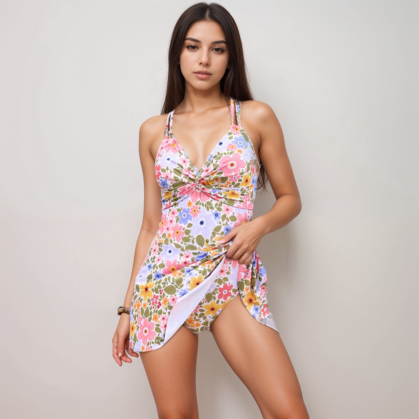 Anna-Kaci Swim Women's Floral Print One Piece Swim Dress with Ruched Bust and Adjustable Side Tie Skirt Overlay