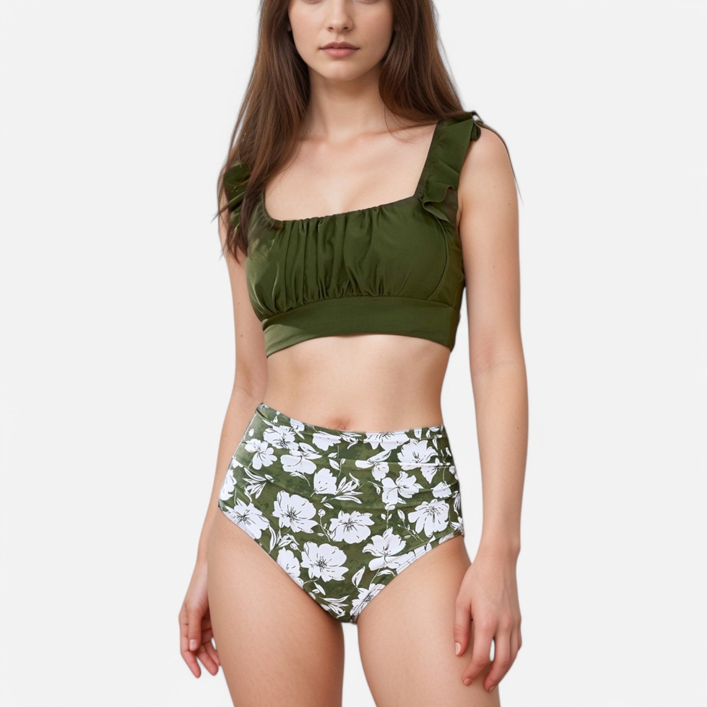 Anna-Kaci Swim Women's Ruffle Bikini Top with Ruched Bust Detail and High Waist Leaf Print Bottom Swimsuit Set