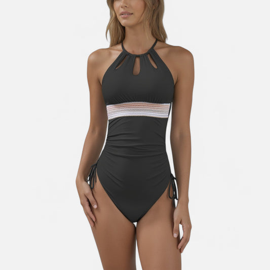 Anna-Kaci Swim Women's High Neck One Piece Swimsuit with Keyhole Front Detail and Ruched Side Drawstrings