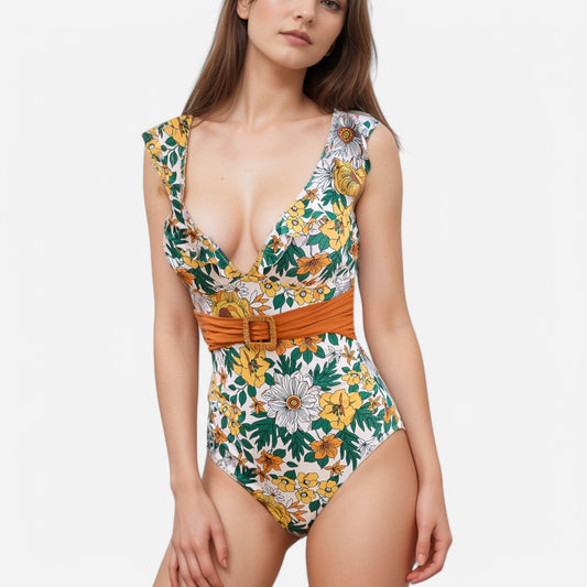 Anna-Kaci Swim Women's One Piece Swimsuit with Floral Print Ruffle Straps Belted Waist and Deep V Neckline