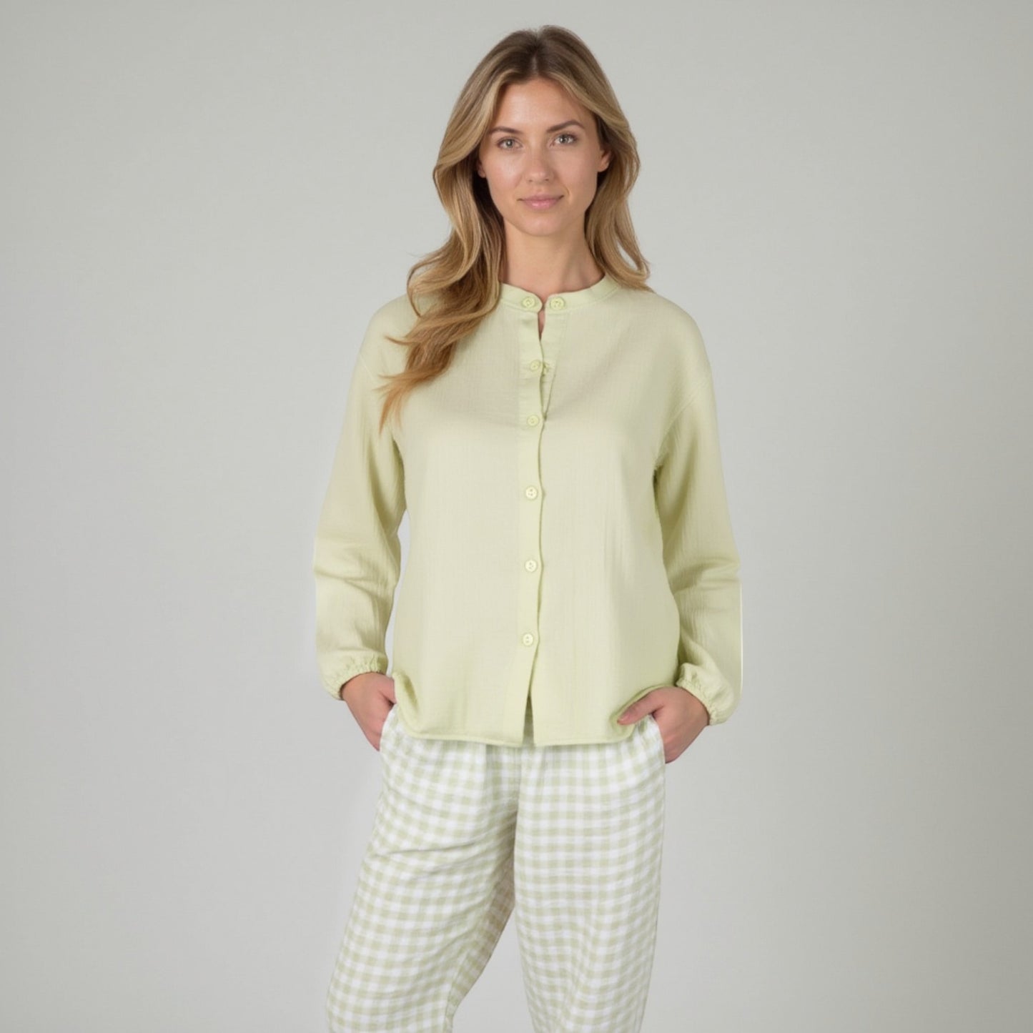Anna-Kaci Women's Woven Pajama Set with Long Sleeve Button-Up Top Elastic Cuff Sleeves and Relaxed Gingham Print Lounge Pants