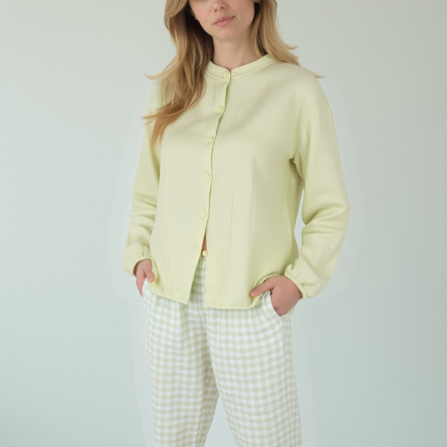 Anna-Kaci Women's Woven Pajama Set with Long Sleeve Button-Up Top Elastic Cuff Sleeves and Relaxed Gingham Print Lounge Pants