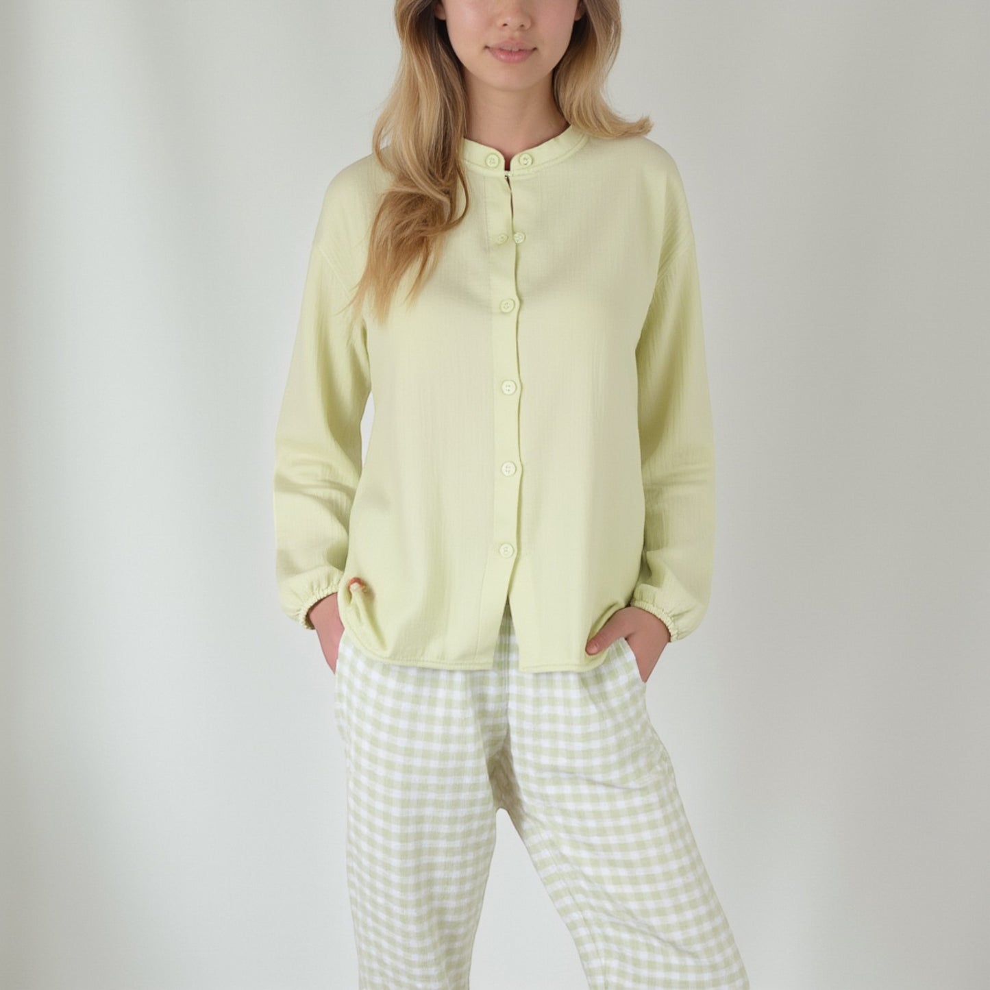 Anna-Kaci Women's Woven Pajama Set with Long Sleeve Button-Up Top Elastic Cuff Sleeves and Relaxed Gingham Print Lounge Pants
