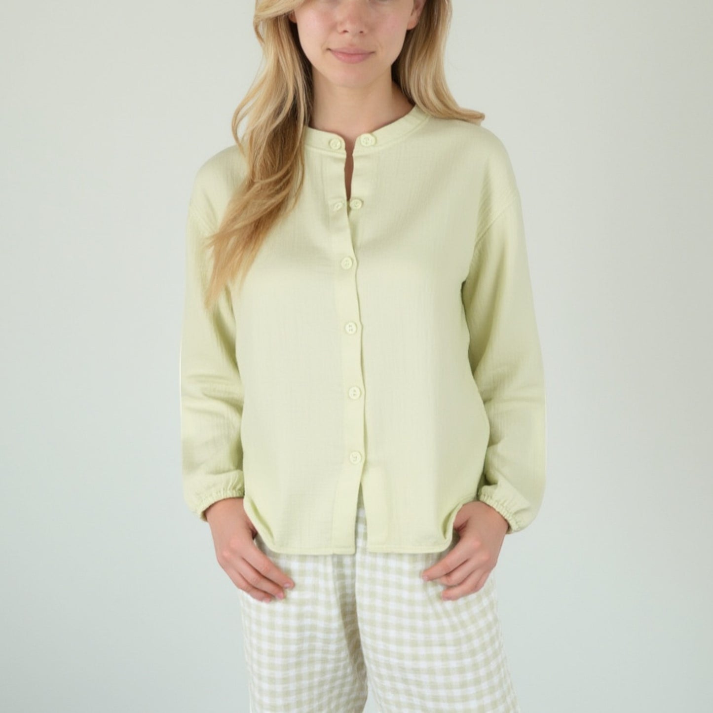 Anna-Kaci Women's Woven Pajama Set with Long Sleeve Button-Up Top Elastic Cuff Sleeves and Relaxed Gingham Print Lounge Pants