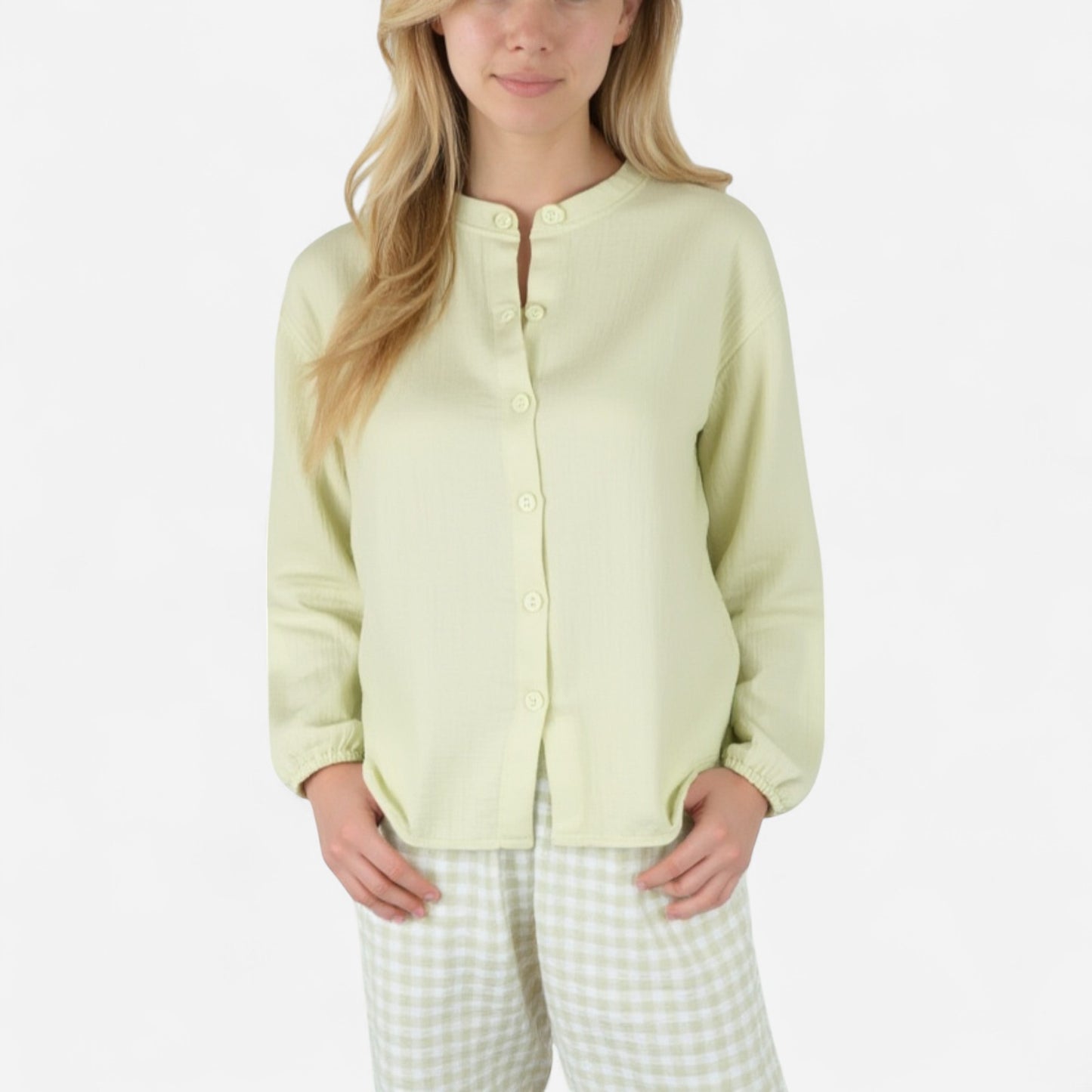 Anna-Kaci Women's Woven Pajama Set with Long Sleeve Button-Up Top Elastic Cuff Sleeves and Relaxed Gingham Print Lounge Pants