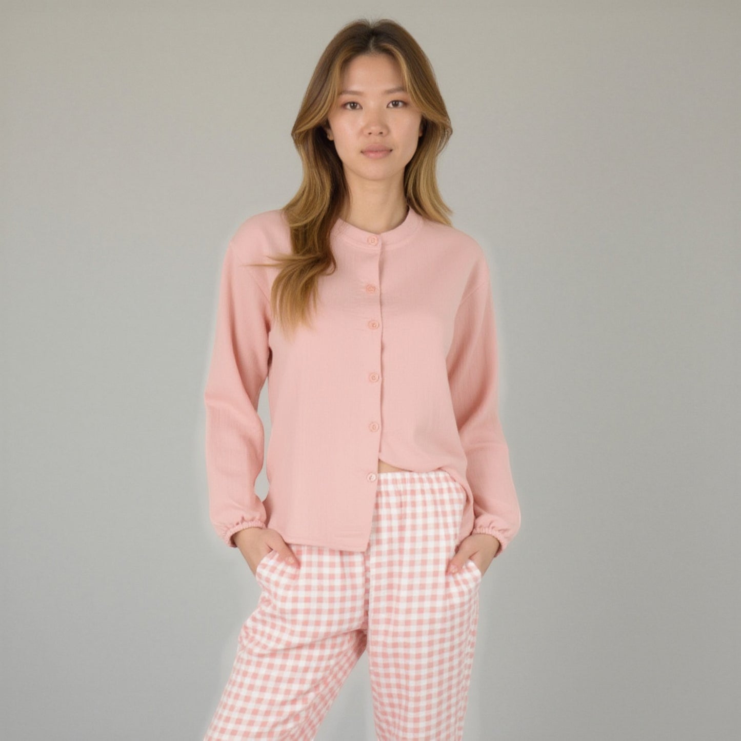 Anna-Kaci Women's Woven Pajama Set with Long Sleeve Button-Up Top Elastic Cuff Sleeves and Relaxed Gingham Print Lounge Pants