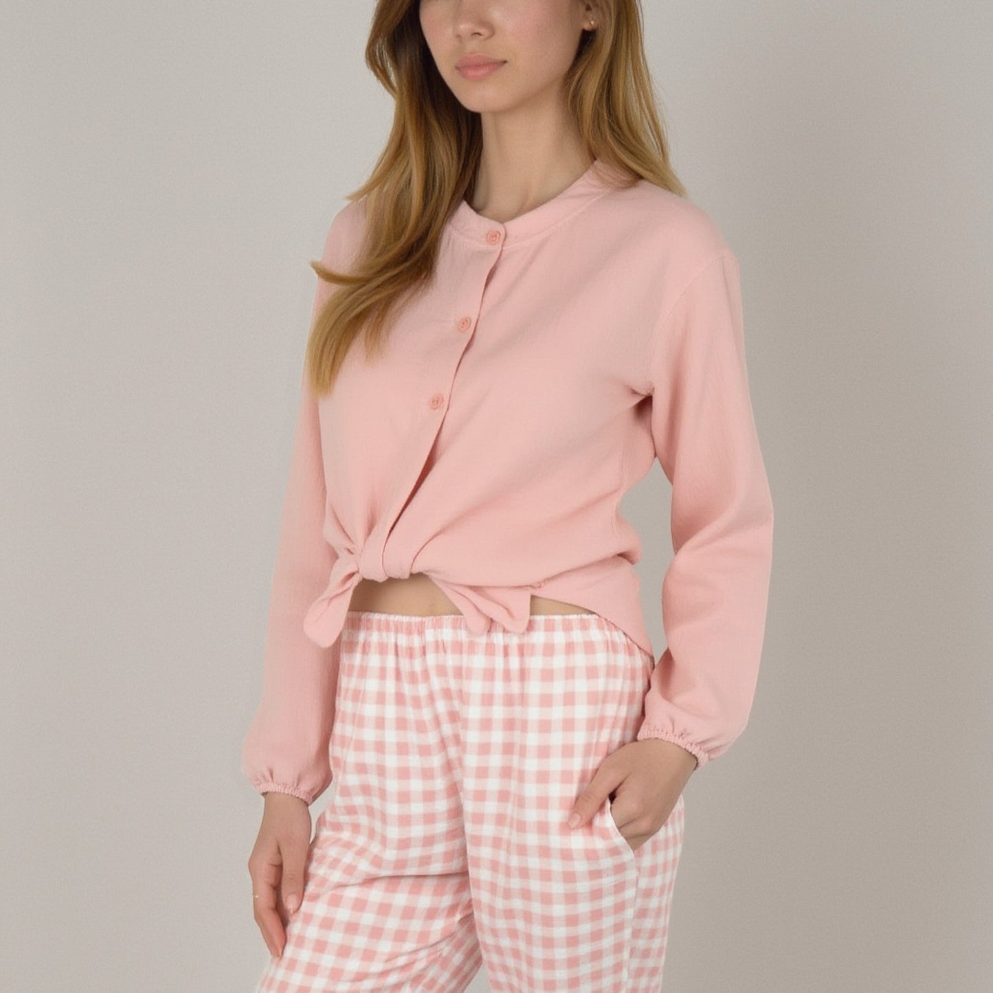 Anna-Kaci Women's Woven Pajama Set with Long Sleeve Button-Up Top Elastic Cuff Sleeves and Relaxed Gingham Print Lounge Pants