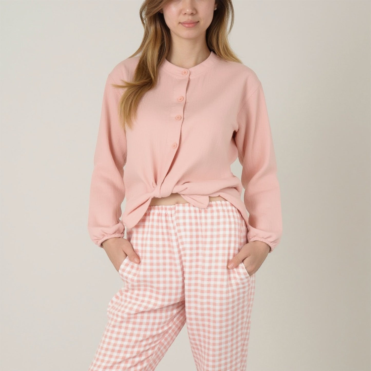 Anna-Kaci Women's Woven Pajama Set with Long Sleeve Button-Up Top Elastic Cuff Sleeves and Relaxed Gingham Print Lounge Pants