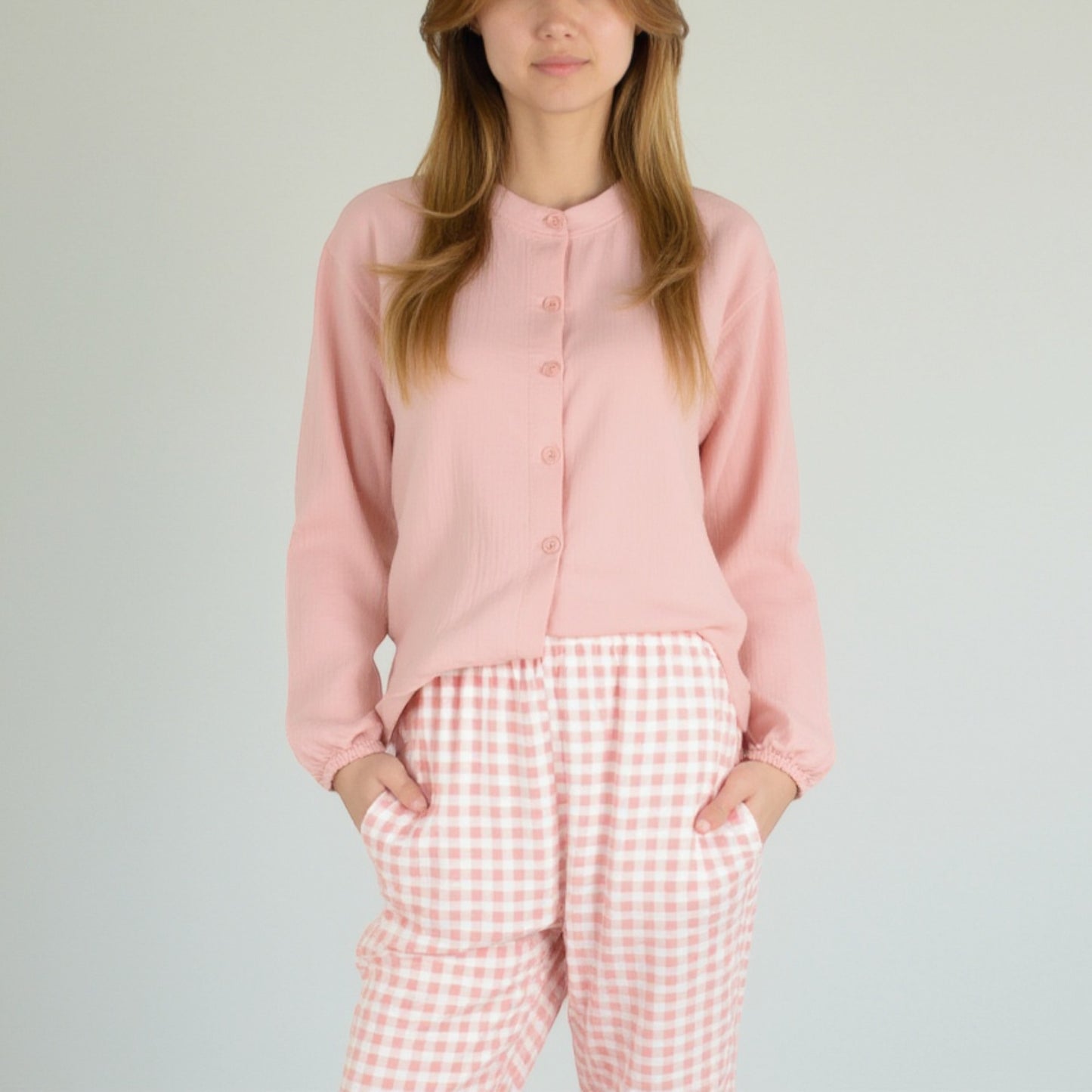 Anna-Kaci Women's Woven Pajama Set with Long Sleeve Button-Up Top Elastic Cuff Sleeves and Relaxed Gingham Print Lounge Pants