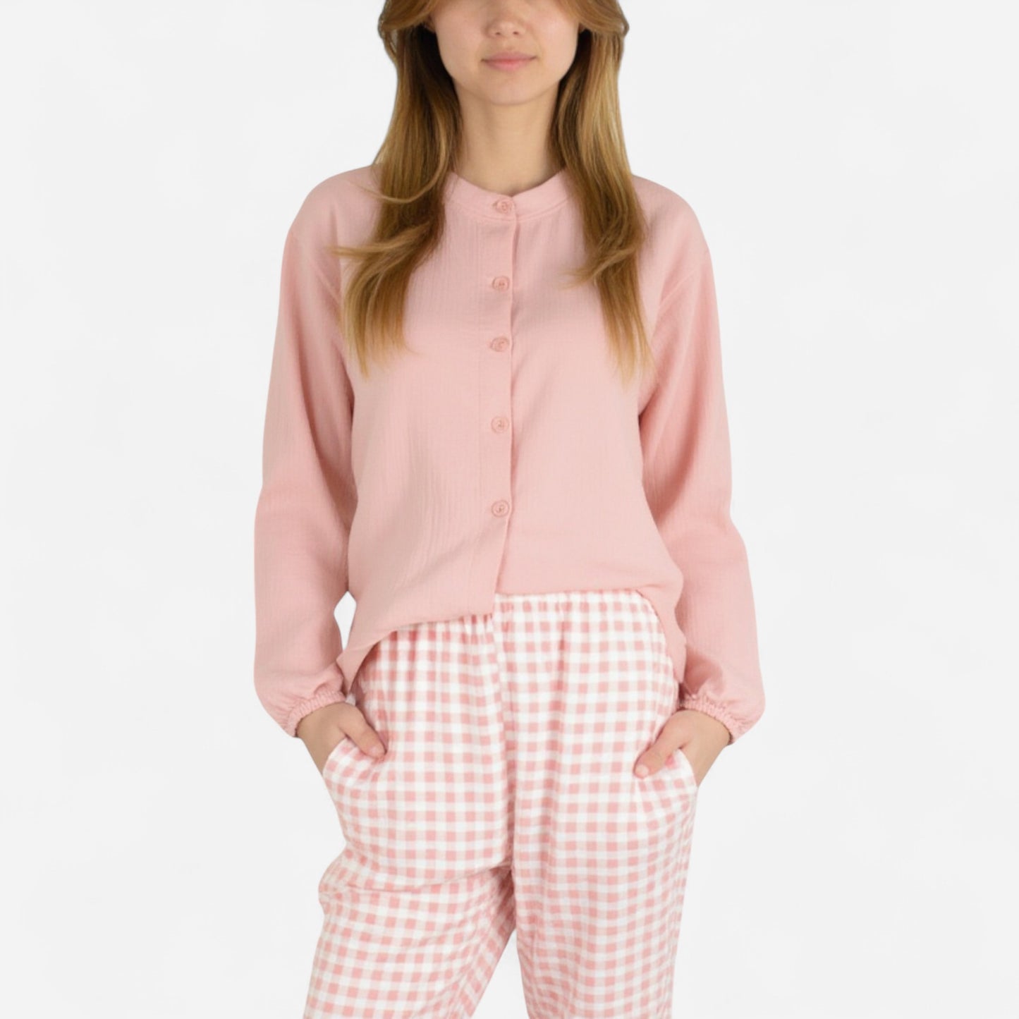 Anna-Kaci Women's Woven Pajama Set with Long Sleeve Button-Up Top Elastic Cuff Sleeves and Relaxed Gingham Print Lounge Pants